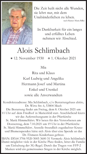 Anzeige von Alois Schlimbach von Kölner Stadt-Anzeiger / Kölnische Rundschau / Express