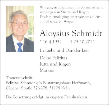 Anzeige von Aloysius Schmidt von Kölner Stadt-Anzeiger / Kölnische Rundschau / Express