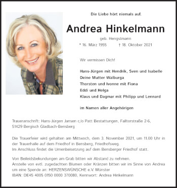 Anzeige von Andrea Hinkelmann von Kölner Stadt-Anzeiger / Kölnische Rundschau / Express