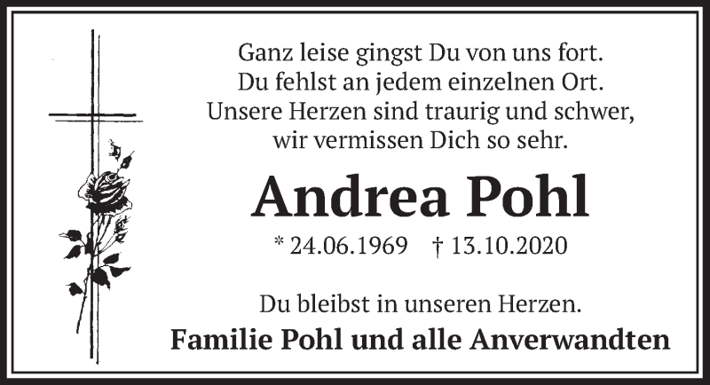 Traueranzeige für Andrea Pohl vom 29.10.2021 aus  Werbepost 
