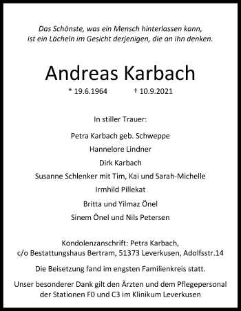 Anzeige von Andreas Karbach von Kölner Stadt-Anzeiger / Kölnische Rundschau / Express