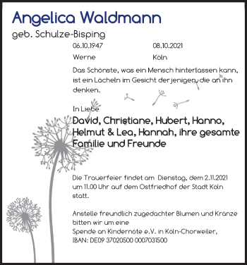 Anzeige von Angelica Waldmann von Kölner Stadt-Anzeiger / Kölnische Rundschau / Express
