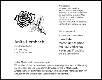 Anzeige von Anita Hembach von  Blickpunkt Euskirchen 