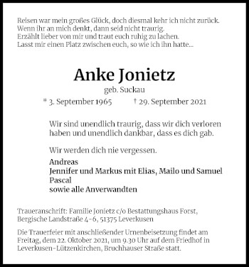 Anzeige von Anke Jonietz von Kölner Stadt-Anzeiger / Kölnische Rundschau / Express