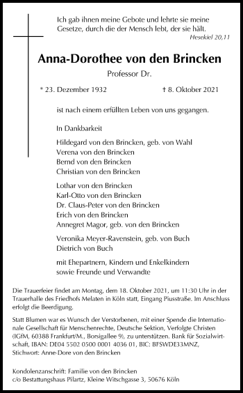 Anzeige von Anna-Dorothee von den Brincken von Kölner Stadt-Anzeiger / Kölnische Rundschau / Express