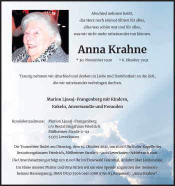 Anzeige von Anna Krahne von Kölner Stadt-Anzeiger / Kölnische Rundschau / Express
