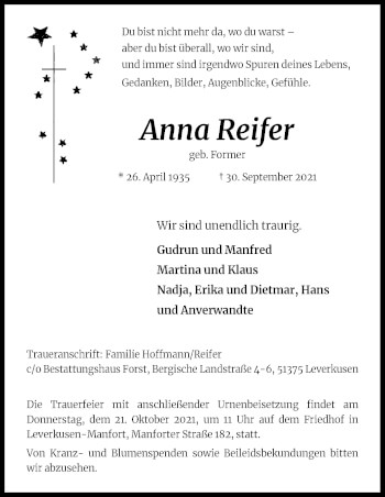 Anzeige von Anna Reifer von Kölner Stadt-Anzeiger / Kölnische Rundschau / Express