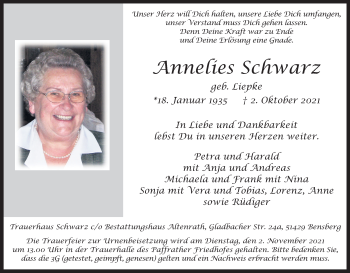 Anzeige von Annelies Schwarz von Kölner Stadt-Anzeiger / Kölnische Rundschau / Express