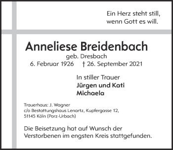Anzeige von Anneliese Breidenbach von  Kölner Wochenspiegel 