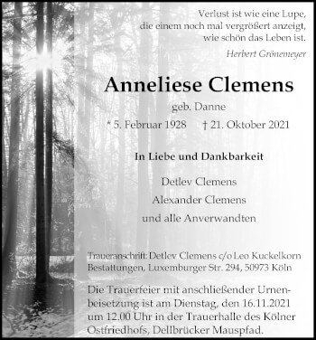 Anzeige von Anneliese Clemens von Kölner Stadt-Anzeiger / Kölnische Rundschau / Express