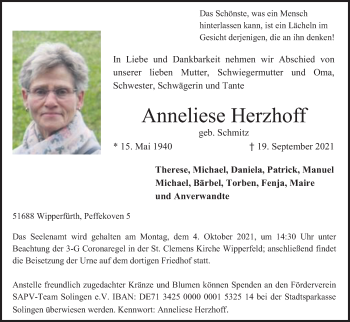 Anzeige von Anneliese Herzhoff von Kölner Stadt-Anzeiger / Kölnische Rundschau / Express