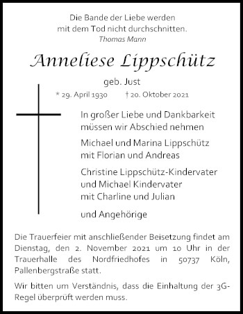 Anzeige von Anneliese Lippschütz von Kölner Stadt-Anzeiger / Kölnische Rundschau / Express