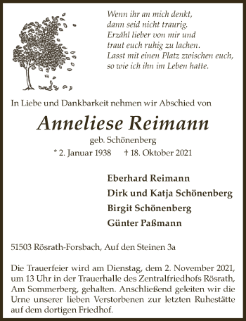 Anzeige von Anneliese Reimann von  Bergisches Handelsblatt 