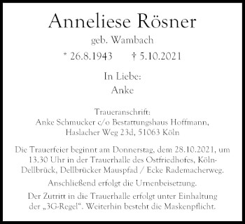Anzeige von Anneliese Rösner von Kölner Stadt-Anzeiger / Kölnische Rundschau / Express