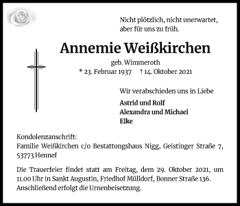 Anzeige von Annemie Weißkirchen von Kölner Stadt-Anzeiger / Kölnische Rundschau / Express