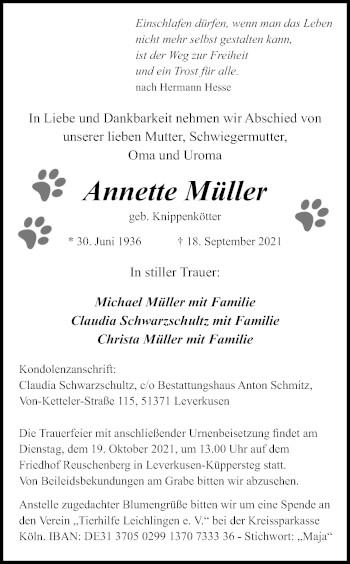 Anzeige von Annette Müller von Kölner Stadt-Anzeiger / Kölnische Rundschau / Express