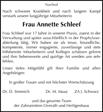 Anzeige von Annette Schleef von  Bergisches Handelsblatt 