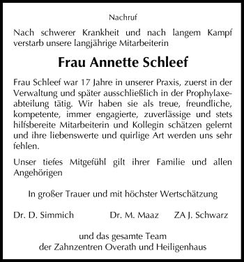 Anzeige von Annette Schleef von Kölner Stadt-Anzeiger / Kölnische Rundschau / Express
