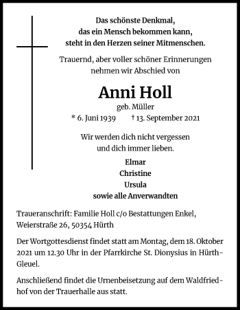 Anzeige von Anni Holl von Kölner Stadt-Anzeiger / Kölnische Rundschau / Express