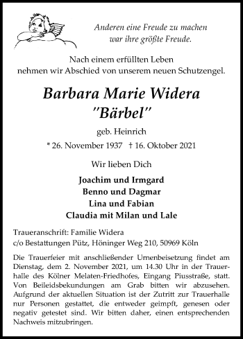 Anzeige von Barbara Marie Widera von Kölner Stadt-Anzeiger / Kölnische Rundschau / Express