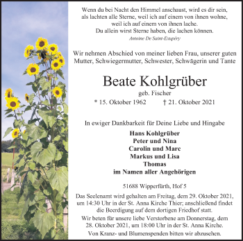 Anzeige von Beate Kohlgrüber von Kölner Stadt-Anzeiger / Kölnische Rundschau / Express