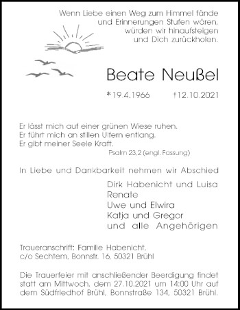 Anzeige von Beate Neußel von Kölner Stadt-Anzeiger / Kölnische Rundschau / Express
