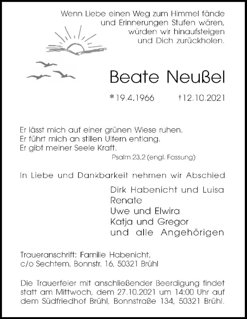  Traueranzeige für Beate Neußel vom 16.10.2021 aus Kölner Stadt-Anzeiger / Kölnische Rundschau / Express