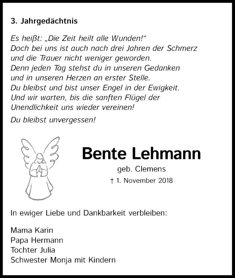  Traueranzeige für Bente Lehmann vom 30.10.2021 aus Kölner Stadt-Anzeiger / Kölnische Rundschau / Express