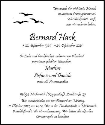 Anzeige von Bernard Hack von  Blickpunkt Euskirchen 