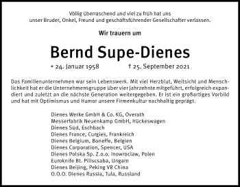 Anzeige von Bernd Supe-Dienes von Kölner Stadt-Anzeiger / Kölnische Rundschau / Express