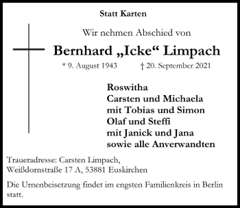 Anzeige von Bernhard Limpach von  Blickpunkt Euskirchen 