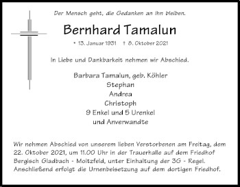 Anzeige von Bernhard Tamalun von Kölner Stadt-Anzeiger / Kölnische Rundschau / Express