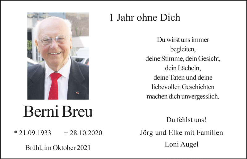  Traueranzeige für Berni Breu vom 18.07.2023 aus  Schlossbote/Werbekurier 