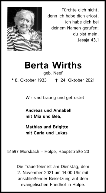 Anzeige von Berta Wirths von Kölner Stadt-Anzeiger / Kölnische Rundschau / Express