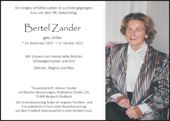 Anzeige von Bertel Zander von Kölner Stadt-Anzeiger / Kölnische Rundschau / Express