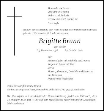 Anzeige von Brigitte Brunn von Kölner Stadt-Anzeiger / Kölnische Rundschau / Express