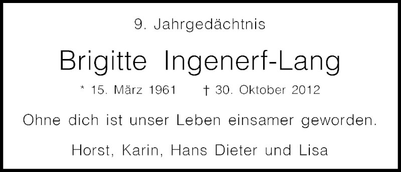  Traueranzeige für Brigitte Ingenerf-Lang vom 30.10.2021 aus Kölner Stadt-Anzeiger / Kölnische Rundschau / Express