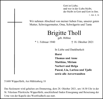 Anzeige von Brigitte Tholl von Kölner Stadt-Anzeiger / Kölnische Rundschau / Express