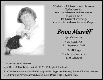 Anzeige von Bruni Musolff von Kölner Stadt-Anzeiger / Kölnische Rundschau / Express