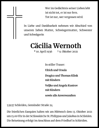 Anzeige von Cäcilia Wernoth von Kölner Stadt-Anzeiger / Kölnische Rundschau / Express