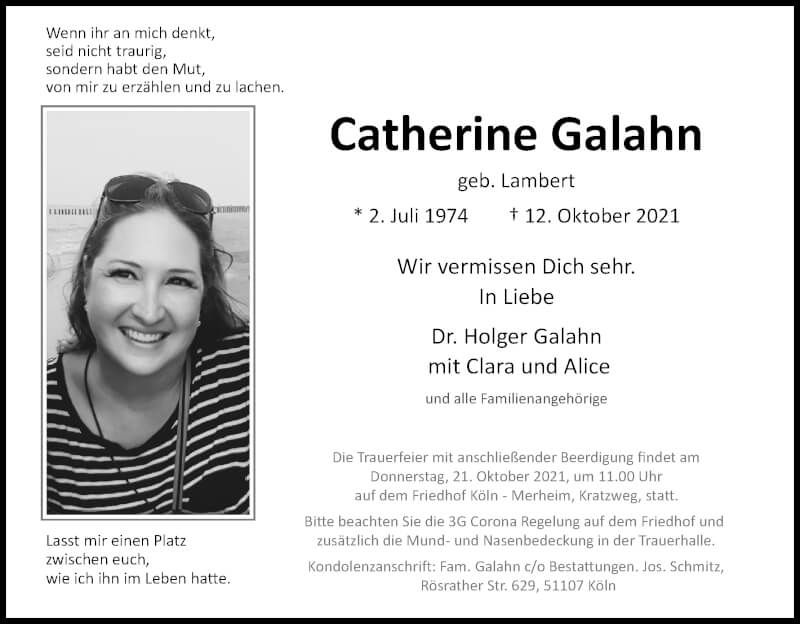  Traueranzeige für Catherine Galahn vom 16.10.2021 aus Kölner Stadt-Anzeiger / Kölnische Rundschau / Express