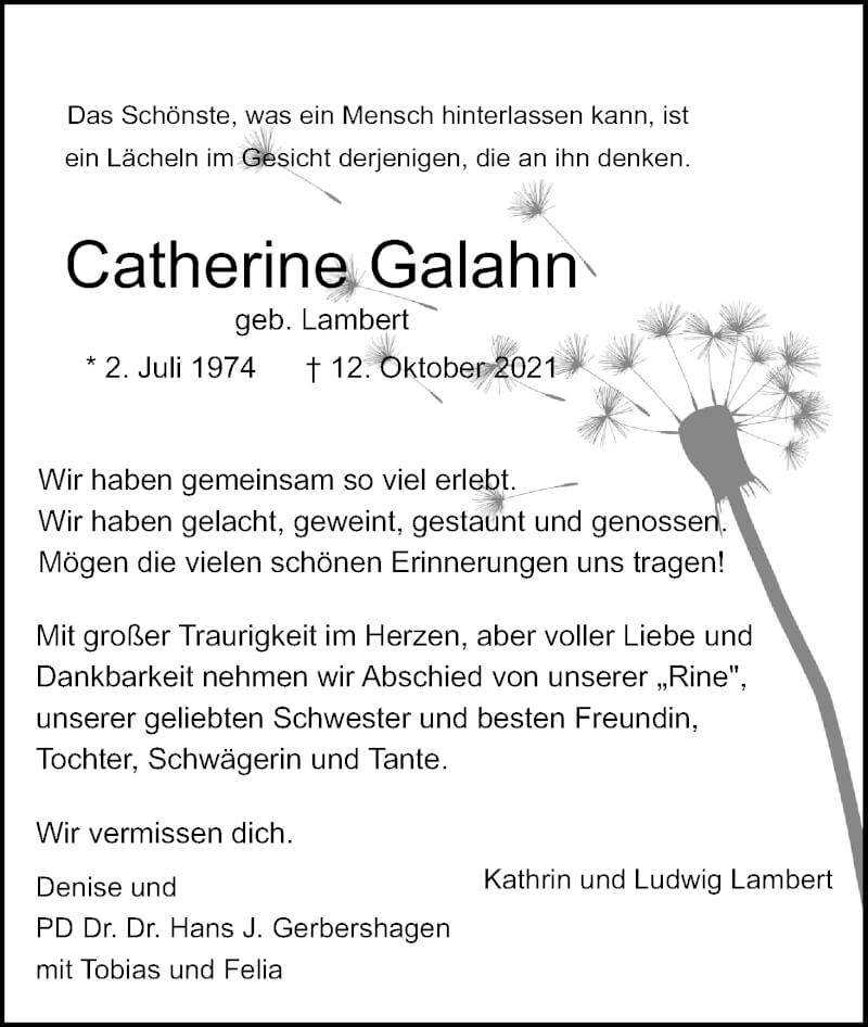  Traueranzeige für Catherine Galahn vom 16.10.2021 aus Kölner Stadt-Anzeiger / Kölnische Rundschau / Express