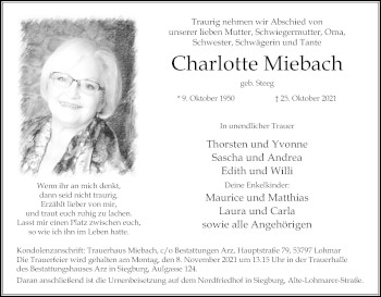 Anzeige von Charlotte Miebach von Kölner Stadt-Anzeiger / Kölnische Rundschau / Express
