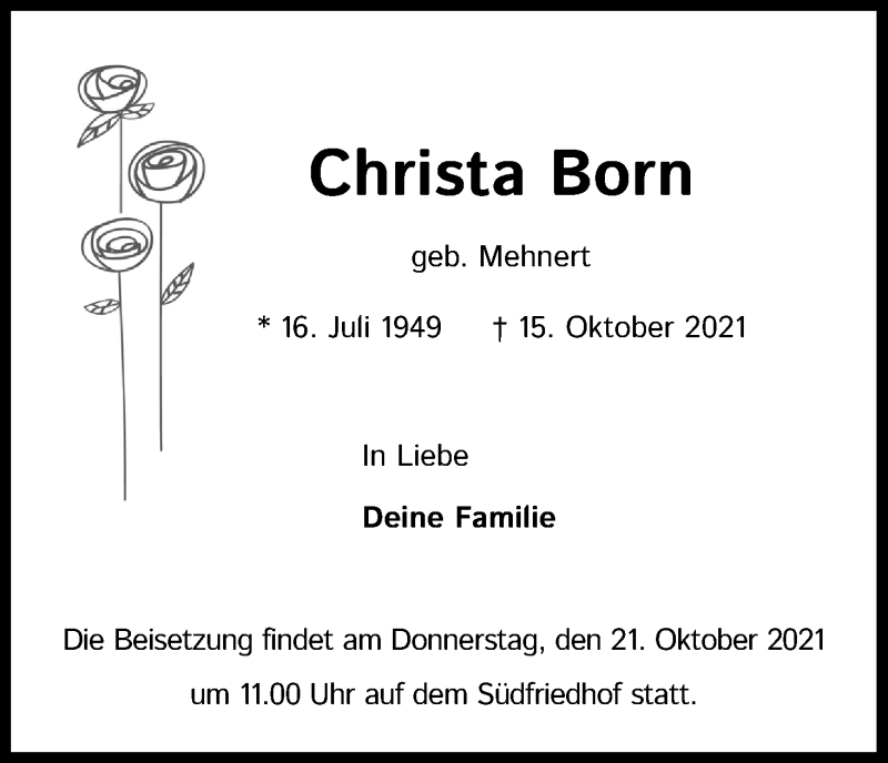  Traueranzeige für Christa Born vom 19.10.2021 aus Kölner Stadt-Anzeiger / Kölnische Rundschau / Express