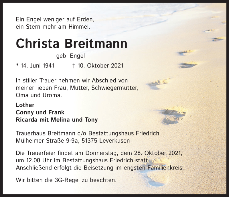  Traueranzeige für Christa Breitmann vom 23.10.2021 aus Kölner Stadt-Anzeiger / Kölnische Rundschau / Express