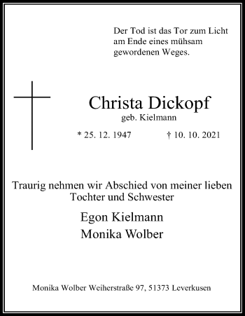 Anzeige von Christa Dickopf von Kölner Stadt-Anzeiger / Kölnische Rundschau / Express