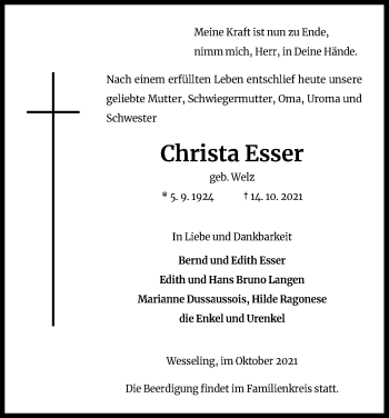 Anzeige von Christa Esser von Kölner Stadt-Anzeiger / Kölnische Rundschau / Express
