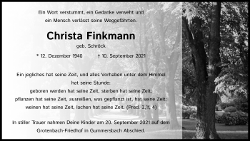 Anzeige von Christa Finkmann von Kölner Stadt-Anzeiger / Kölnische Rundschau / Express