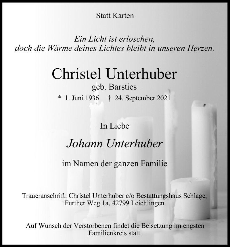  Traueranzeige für Christel Unterhuber vom 18.07.2023 aus Kölner Stadt-Anzeiger / Kölnische Rundschau / Express