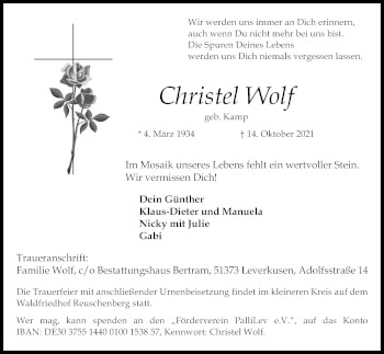 Anzeige von Christel Wolf von Kölner Stadt-Anzeiger / Kölnische Rundschau / Express